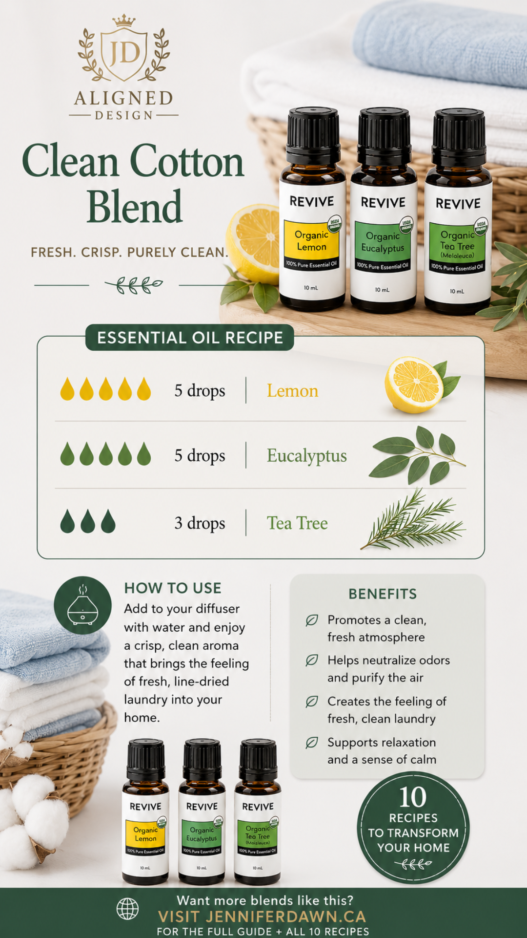 Pinterest pin showing Clean Cotton essential oil laundry blend with lemon, eucalyptus, and tea tree — a natural non-toxic recipe for fresh laundry without synthetic fragrance