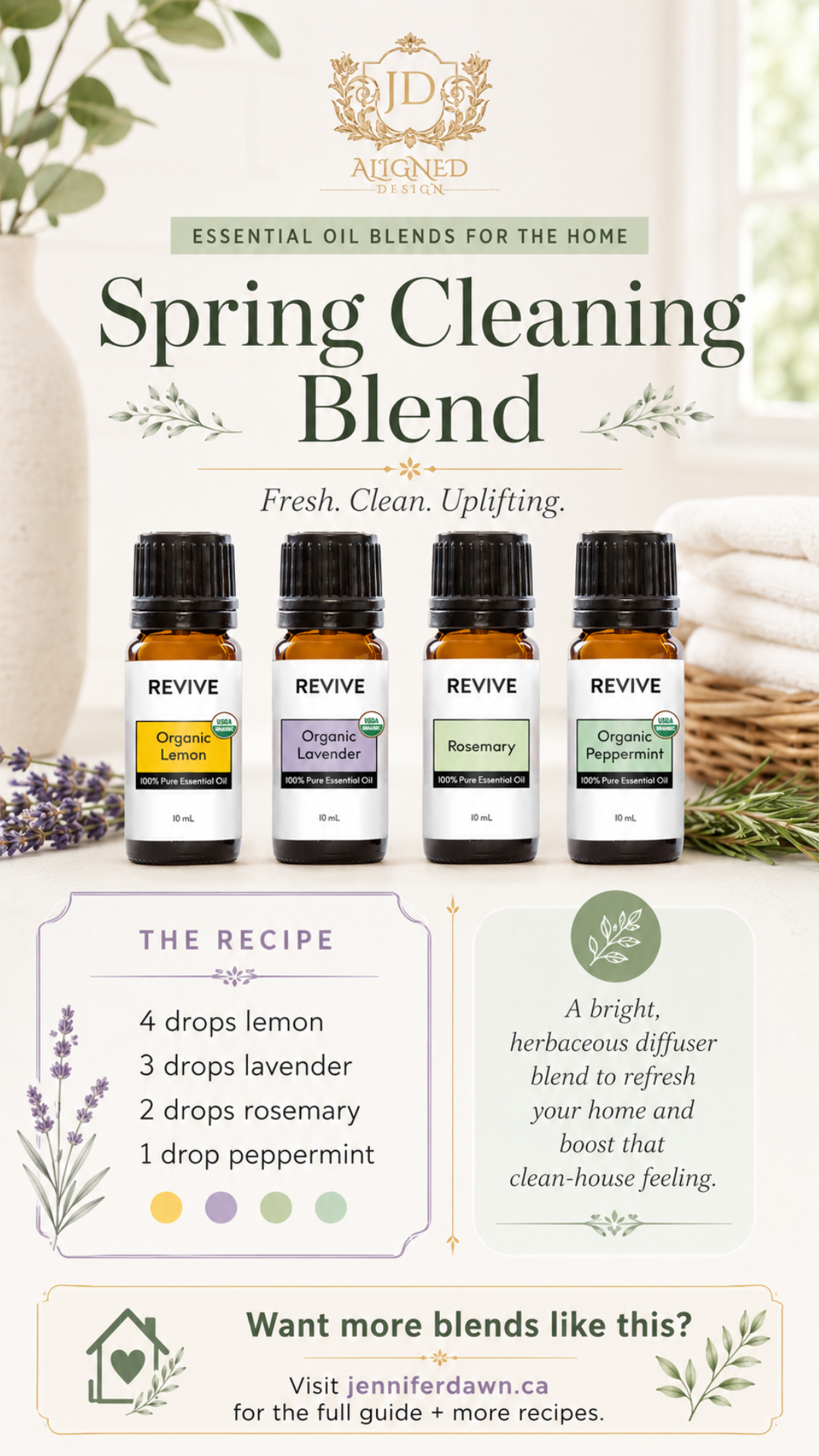 Pinterest pin showing Spring Cleaning essential oil diffuser blend with lemon, lavender, rosemary, and peppermint — a fresh clarifying seasonal home fragrance recipe
