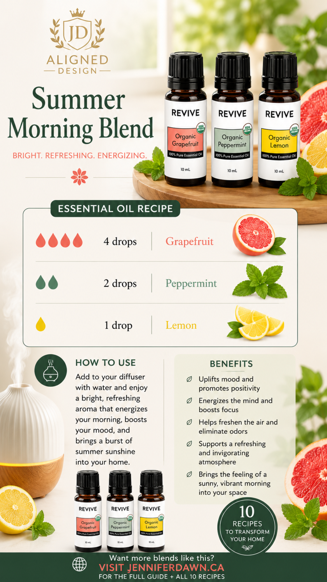 Pinterest pin for Summer Morning essential oil diffuser blend with grapefruit, peppermint, and lemon — a bright uplifting summer home fragrance recipe