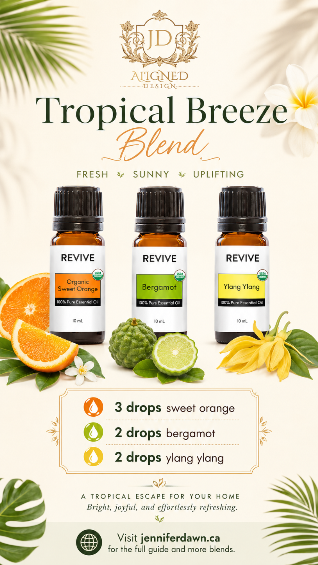 Pinterest pin showing Tropical Breeze essential oil diffuser blend with sweet orange, bergamot, and ylang ylang — a bright floral summer home fragrance recipe