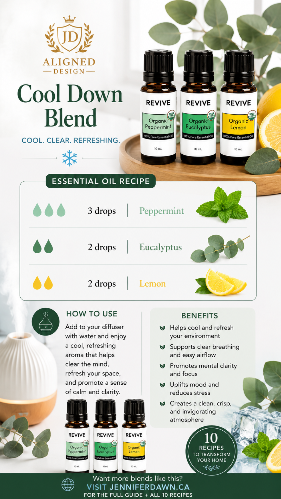 Pinterest pin for Cool Down essential oil diffuser blend with peppermint, eucalyptus, and lemon — a refreshing summer home fragrance recipe for hot days