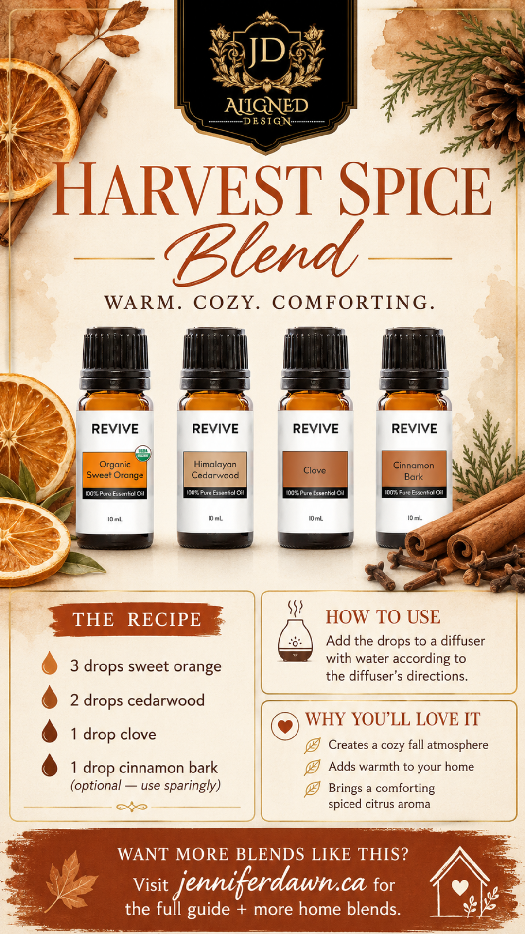 Pinterest pin showing Harvest Spice essential oil diffuser blend with sweet orange, cedarwood, and clove — a warm spiced autumn fall home fragrance recipe
