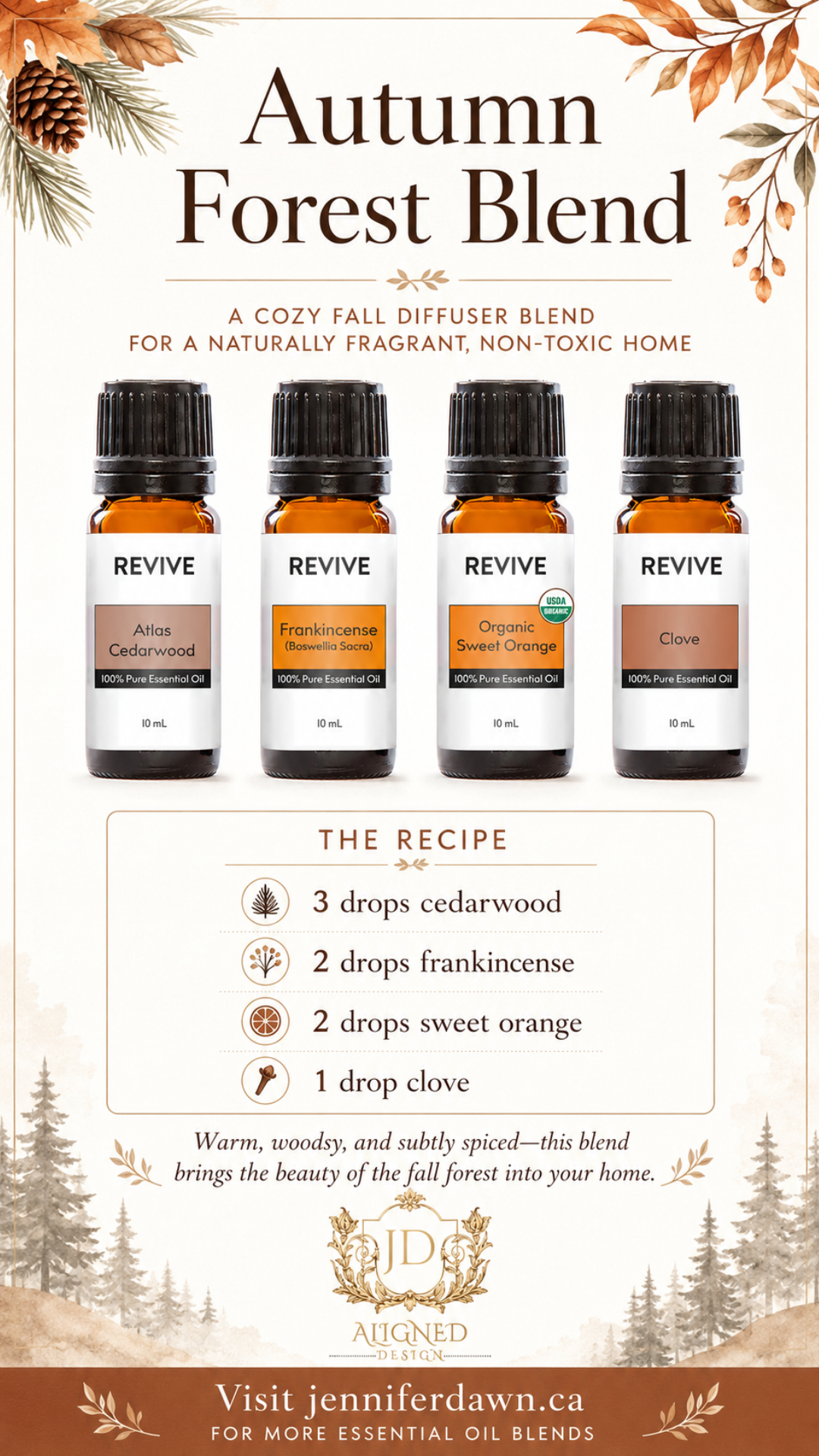 Pinterest pin for Autumn Forest essential oil diffuser blend with cedarwood, frankincense, sweet orange, and clove — a warm earthy fall home fragrance recipe