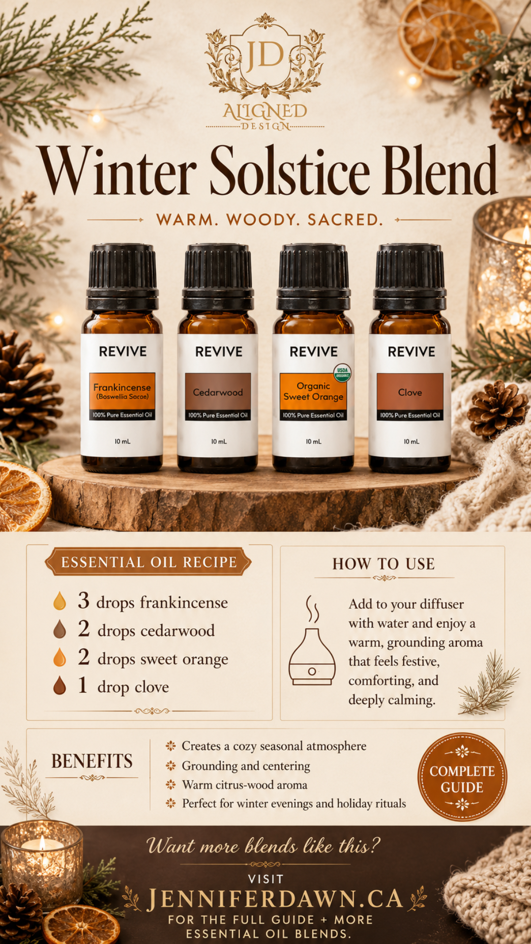 Pinterest pin for Winter Solstice essential oil diffuser blend with frankincense, cedarwood, sweet orange, and clove — warm sacred winter home fragrance