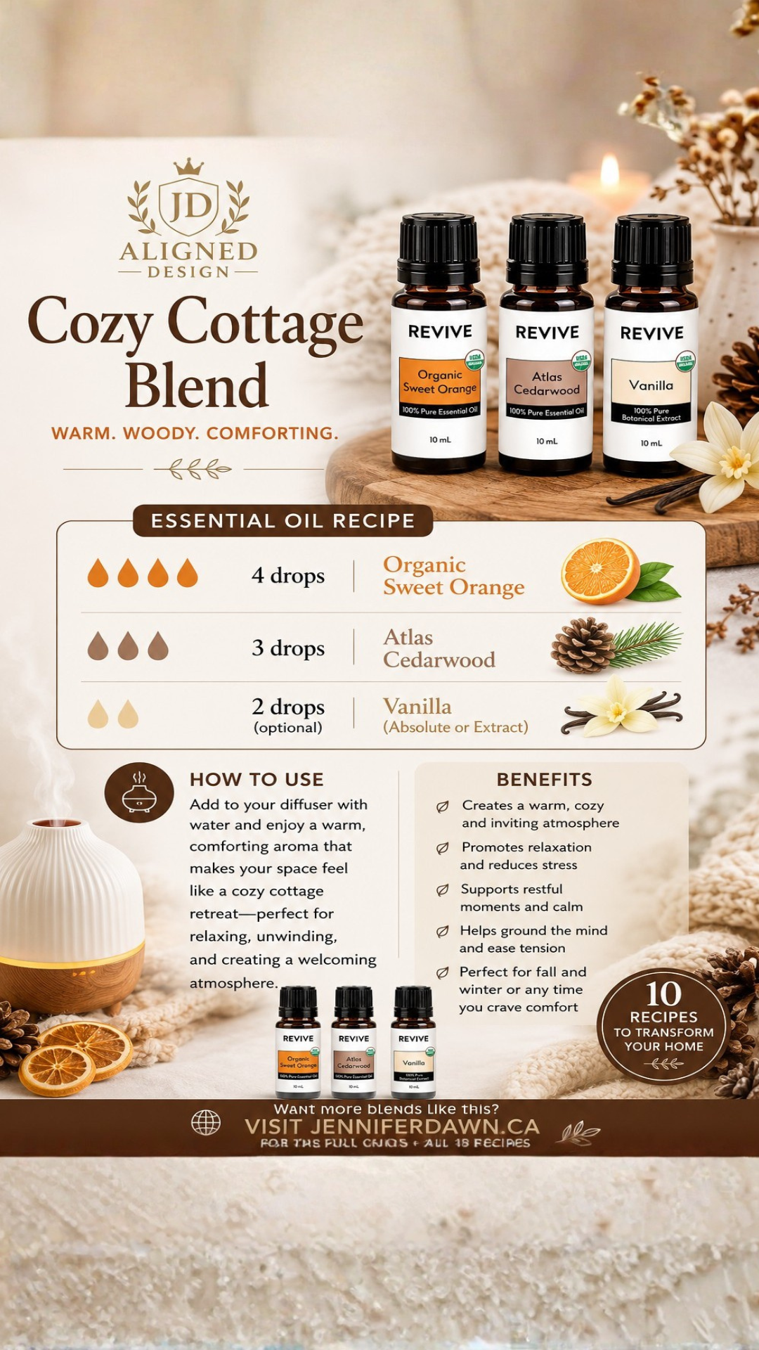 Pinterest pin showing Cozy Cottage essential oil diffuser blend with sweet orange, cedarwood, and vanilla — a warm homey autumn and winter home fragrance recipe