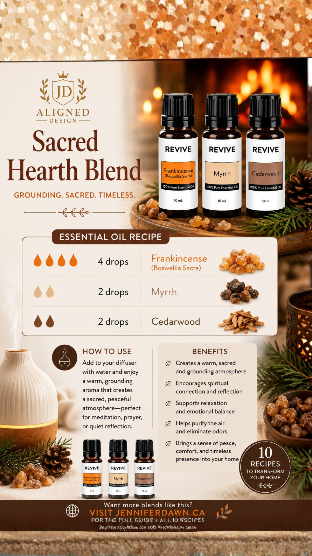 Pinterest pin for Sacred Hearth essential oil diffuser blend with frankincense, myrrh, and cedarwood — a warm grounding winter home fragrance recipe