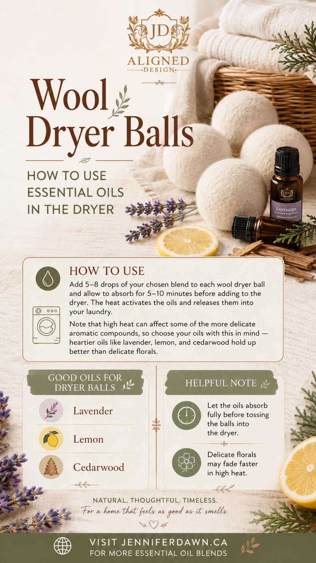 Pinterest pin explaining how to use essential oils on wool dryer balls to naturally fragrance laundry without synthetic dryer sheets
