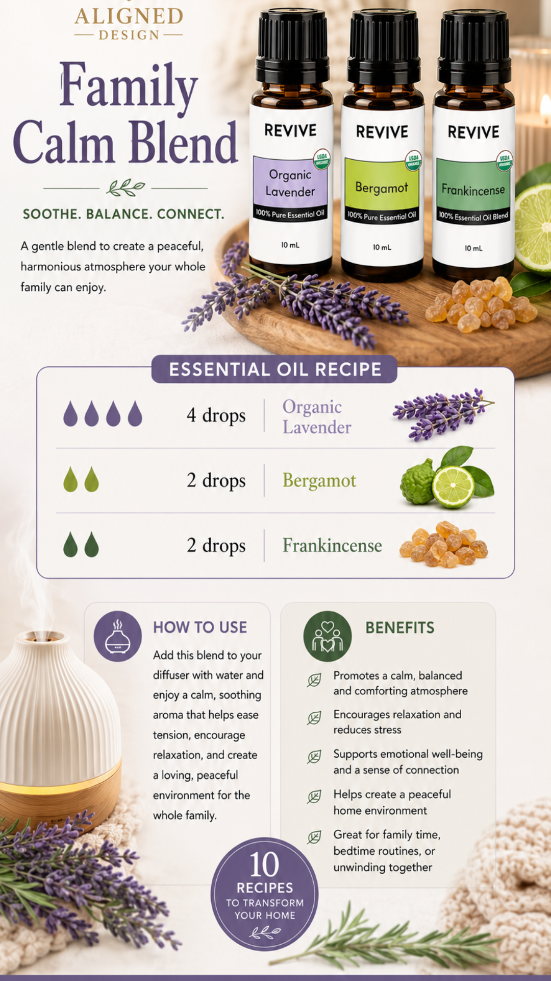 Pinterest pin for Family Calm essential oil diffuser blend with lavender, bergamot, and frankincense for stress relief and household calm