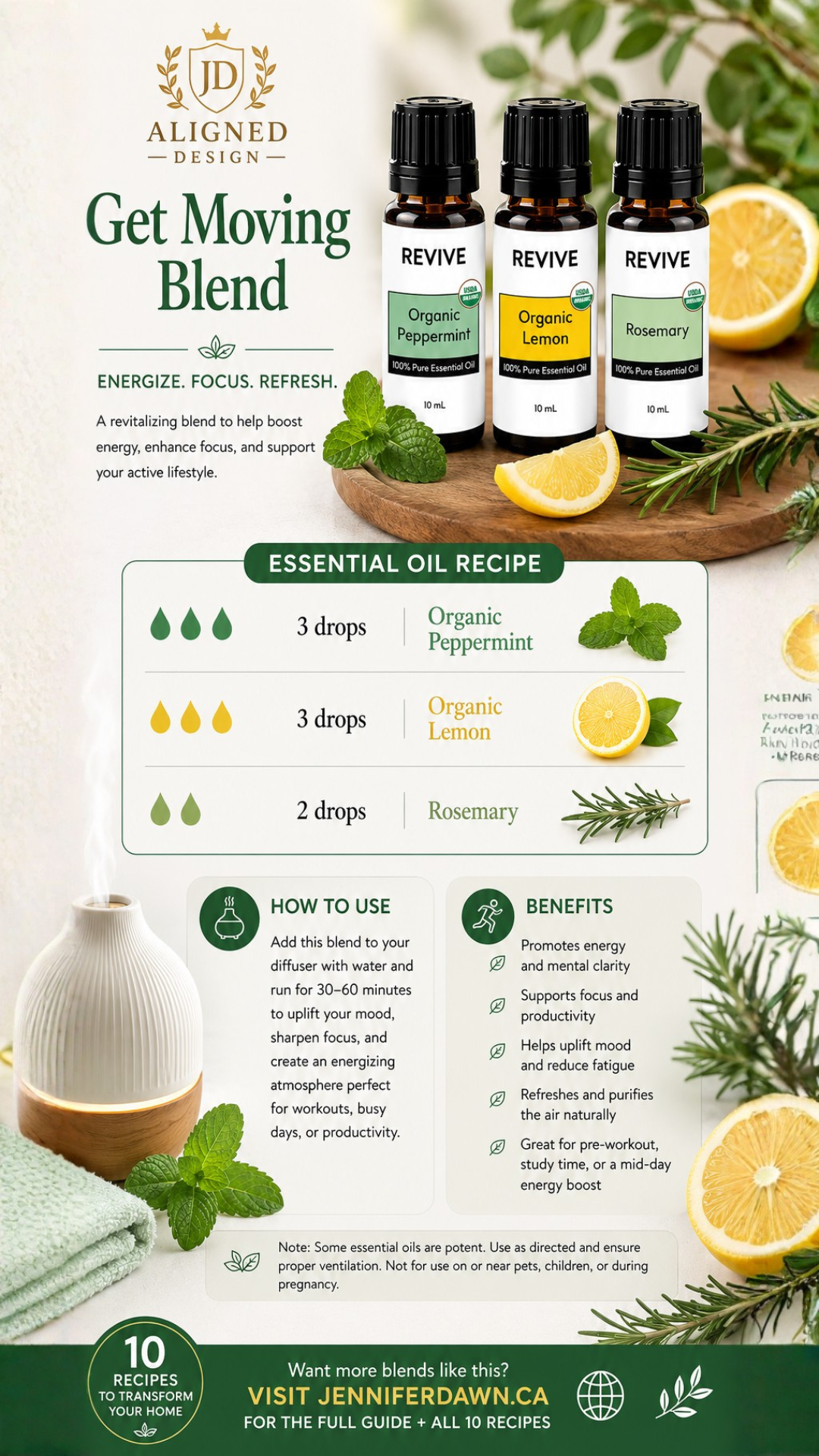 Pinterest pin showing Get Moving essential oil diffuser blend with peppermint, lemon, and rosemary for energy and motivation
