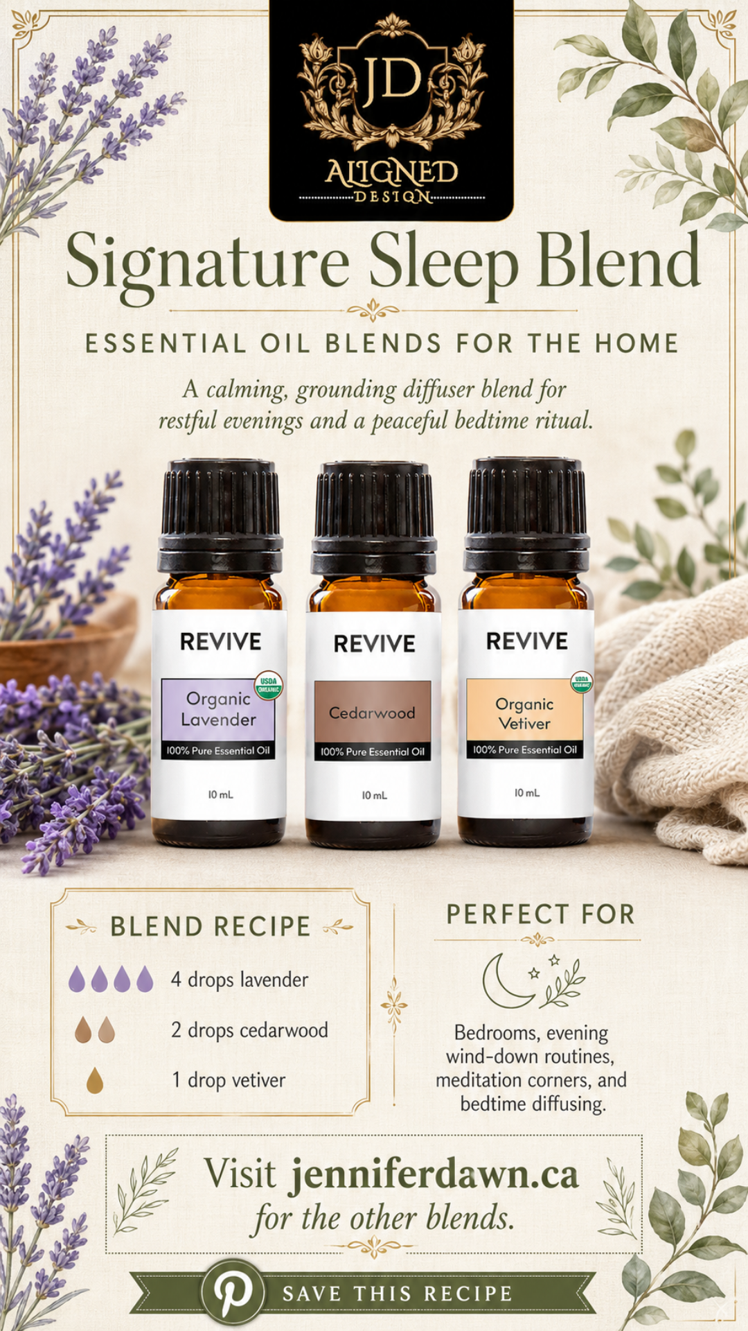 Pinterest pin for Signature Sleep essential oil diffuser blend with lavender, cedarwood, and vetiver — a calming bedtime recipe for deep restful sleep in a non-toxic home