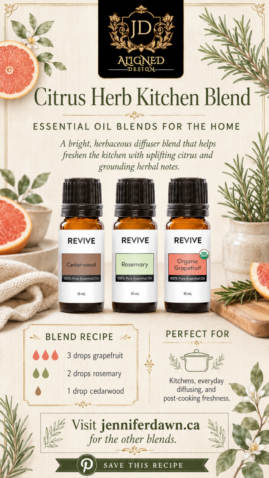 Pinterest pin showing Citrus Herb Kitchen essential oil diffuser blend with grapefruit, rosemary, and cedarwood — a fresh bright kitchen home fragrance recipe