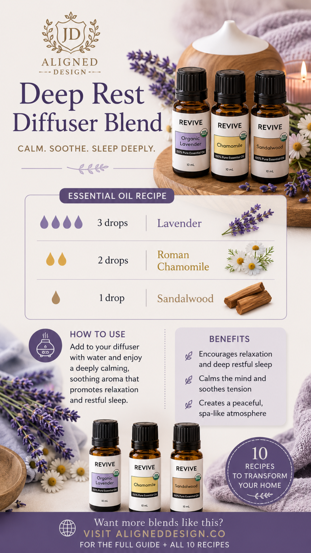Pinterest pin for Deep Rest essential oil diffuser blend with lavender, Roman chamomile, and sandalwood — a bedroom sleep blend recipe for a naturally fragrant non-toxic home