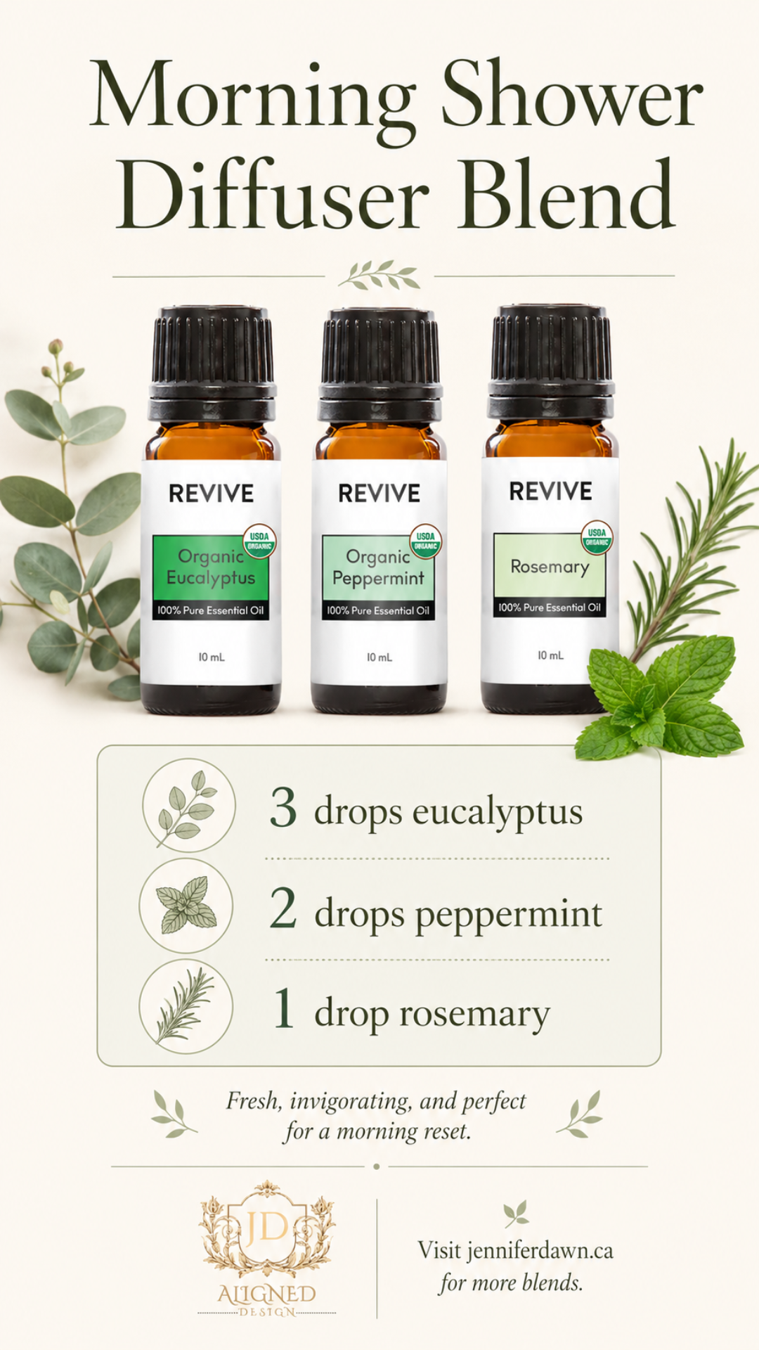 Pinterest pin showing Morning Shower essential oil diffuser blend with eucalyptus, peppermint, and rosemary — an invigorating bathroom home fragrance recipe for mornings
