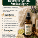 Amber glass spray bottle labeled Bedroom Air and Surface Spray surrounded by lavender, cedarwood, and frankincense essential oils on a wooden surface with white linen pillows in the background. Room-by-room essential oil cleaning spray recipes from Aligned Design.