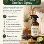 Amber glass spray bottle labeled Fresh Linen and Fabric Spray surrounded by stacked neutral linen towels, fresh rosemary, dried lavender, and cedarwood on a cream textile surface. Room-by-room essential oil cleaning spray recipes by Aligned Design.