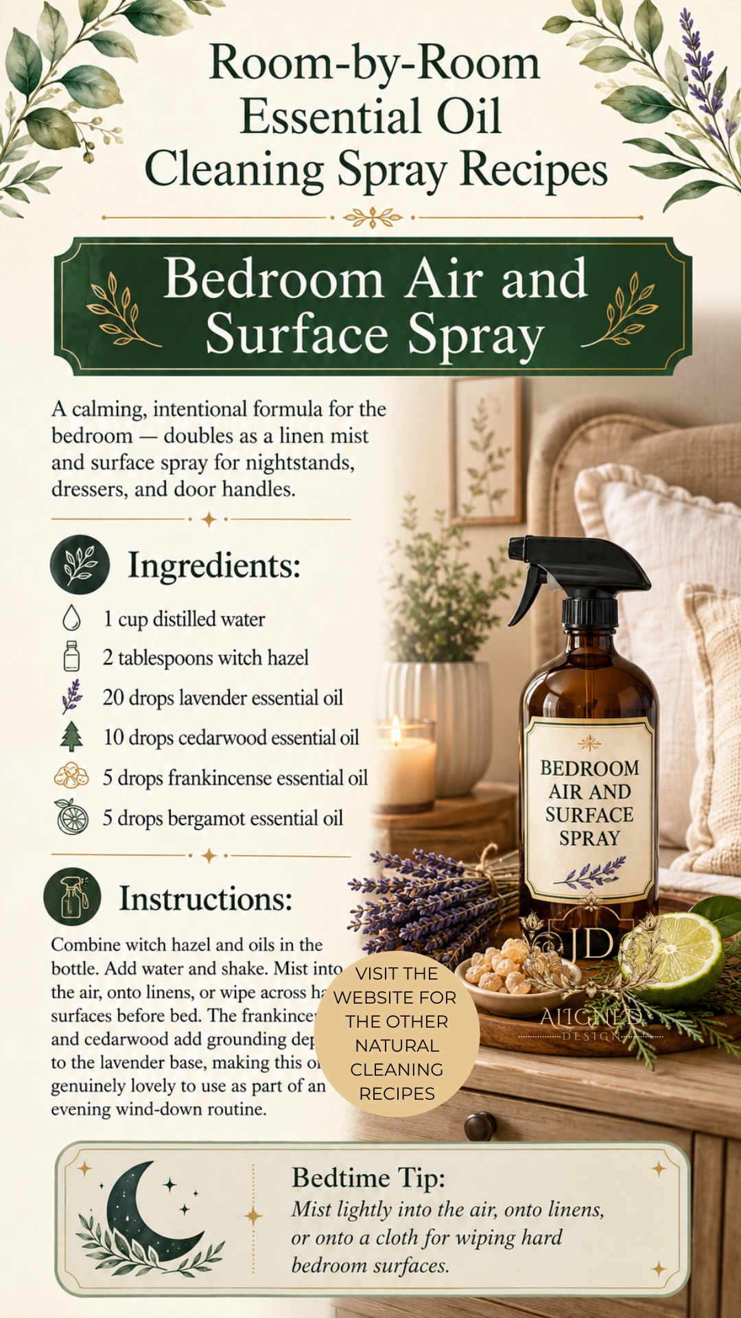Amber glass spray bottle labeled Fresh Linen and Fabric Spray surrounded by stacked neutral linen towels, fresh rosemary, dried lavender, and cedarwood on a cream textile surface. Room-by-room essential oil cleaning spray recipes by Aligned Design.