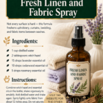 Amber glass spray bottle labeled Fresh Linen and Fabric Spray surrounded by stacked neutral linen towels, fresh rosemary, dried lavender, and cedarwood on a cream textile surface. Room-by-room essential oil cleaning spray recipes by Aligned Design.