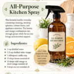 Amber glass trigger spray bottle labeled Homemade All-Purpose Kitchen Spray surrounded by sliced lemons, oranges, and fresh rosemary on a light countertop. Room-by-room essential oil cleaning spray recipes by Aligned Design.