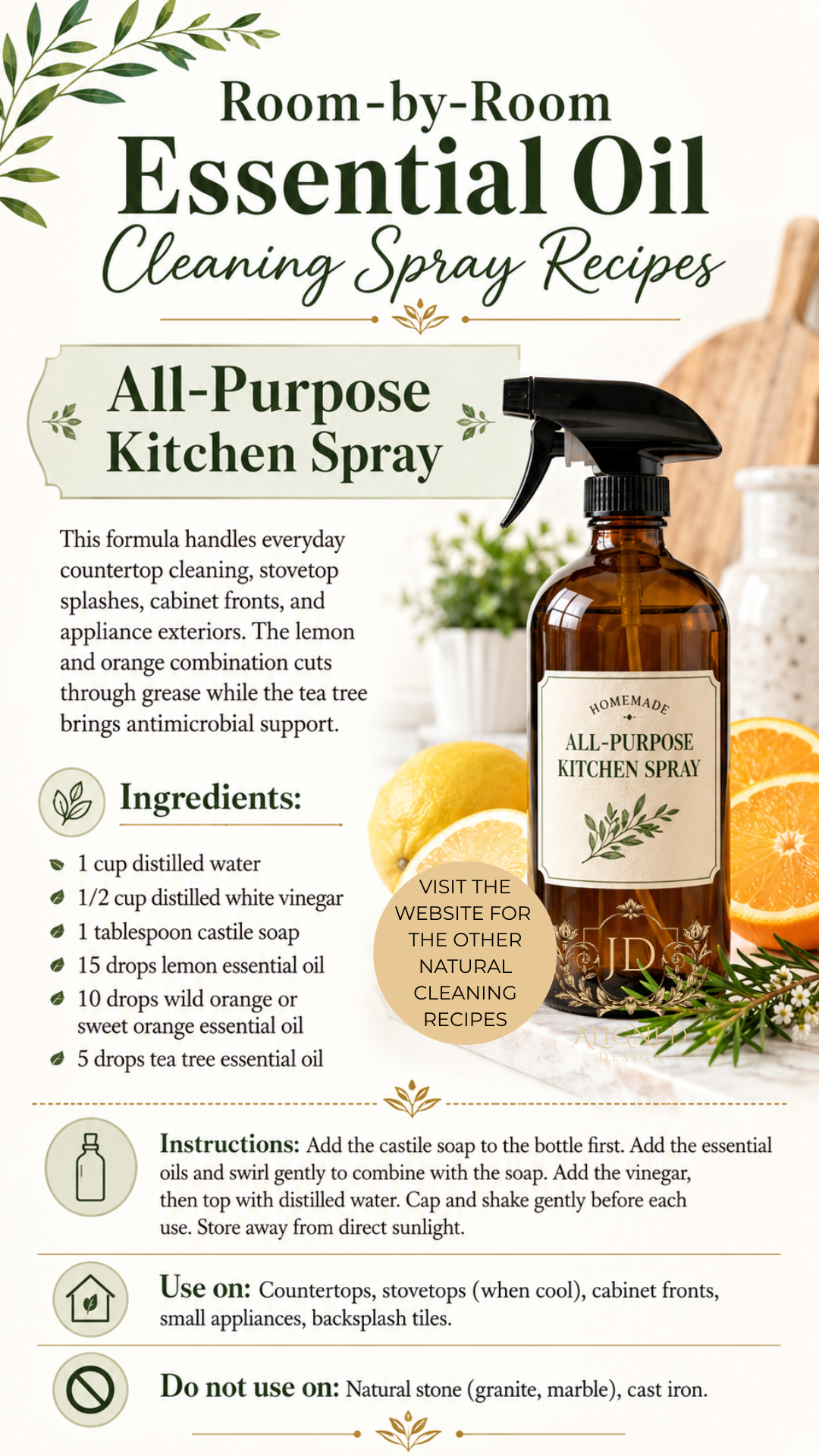 Amber glass trigger spray bottle labeled Homemade All-Purpose Kitchen Spray surrounded by sliced lemons, oranges, and fresh rosemary on a light countertop. Room-by-room essential oil cleaning spray recipes by Aligned Design.