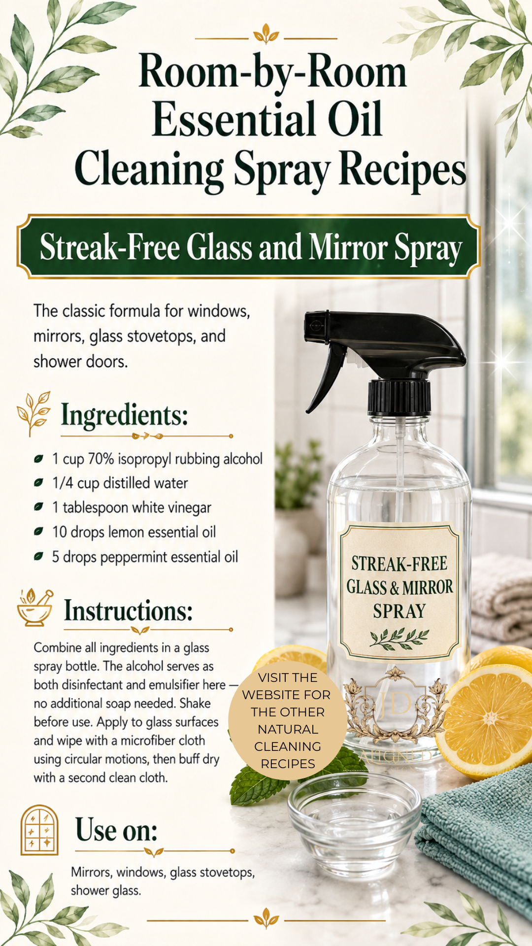 Clear glass trigger spray bottle labeled Streak-Free Glass and Mirror Spray beside sliced lemons and fresh mint leaves on a white marble surface with a bright bathroom window in the background. Essential oil cleaning spray recipe by Aligned Design.