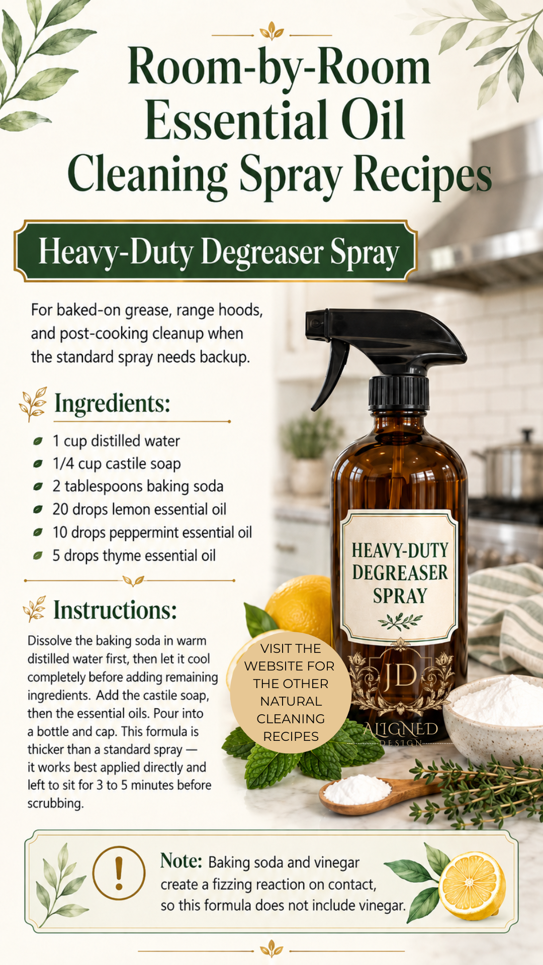 Amber glass trigger spray bottle labeled Heavy-Duty Degreaser Spray surrounded by fresh mint, thyme, baking soda in a wooden spoon, and sliced lemon on a light kitchen countertop. Room-by-room essential oil cleaning spray recipes by Aligned Design.