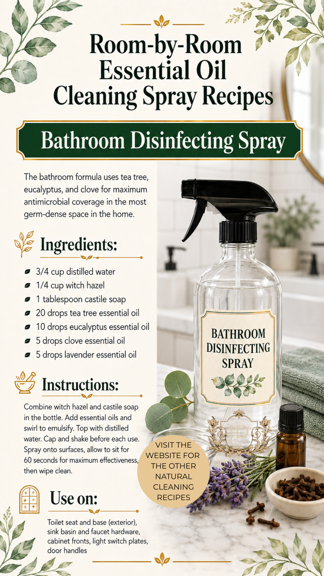 Clear glass trigger spray bottle labeled Bathroom Disinfecting Spray with eucalyptus branches, dried lavender, and cloves arranged on a white marble bathroom surface. Essential oil bathroom cleaning recipe by Aligned Design.