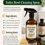 Amber glass spray bottle labeled Toilet Bowl Cleaning Spray beside a bottle of 3% hydrogen peroxide and small essential oil bottles with thyme sprigs on a white marble bathroom surface. Room-by-room essential oil cleaning recipes by Aligned Design.