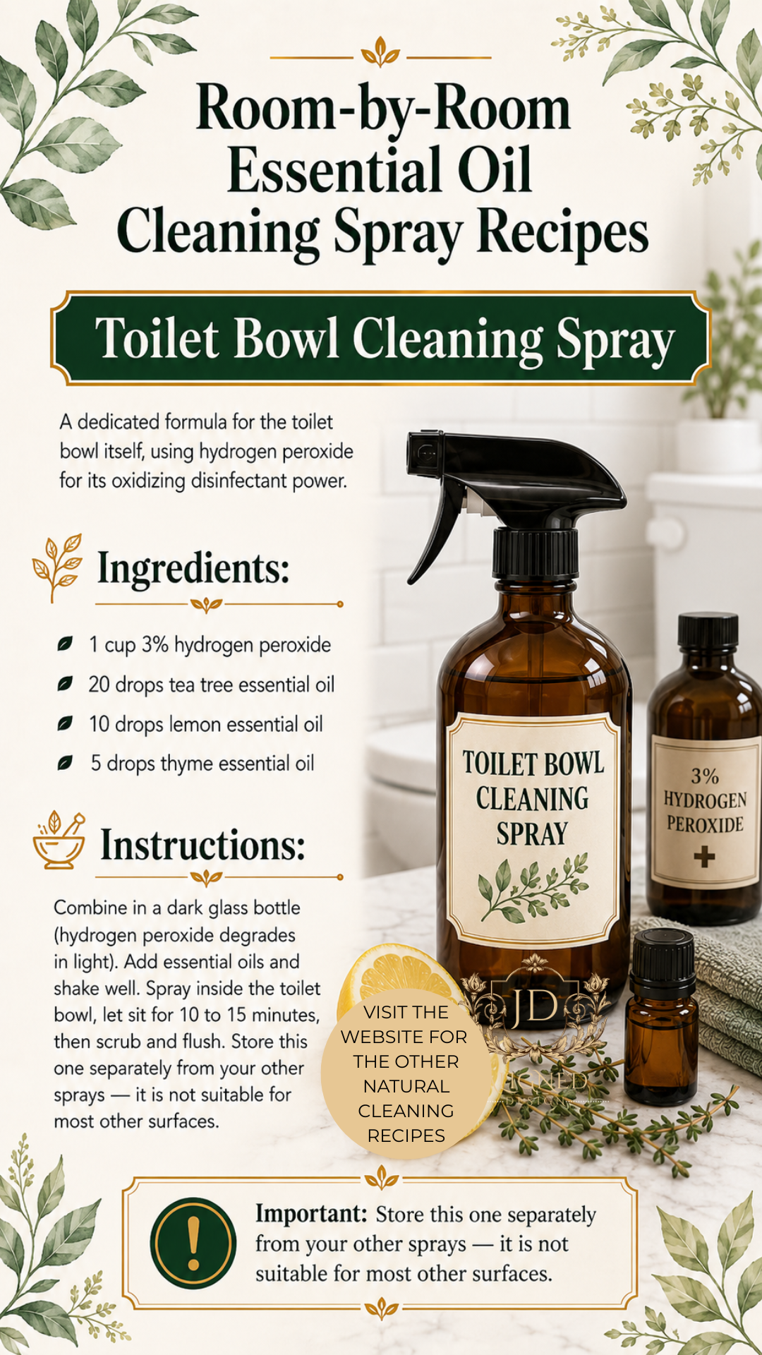 Amber glass spray bottle labeled Toilet Bowl Cleaning Spray beside a bottle of 3% hydrogen peroxide and small essential oil bottles with thyme sprigs on a white marble bathroom surface. Room-by-room essential oil cleaning recipes by Aligned Design.