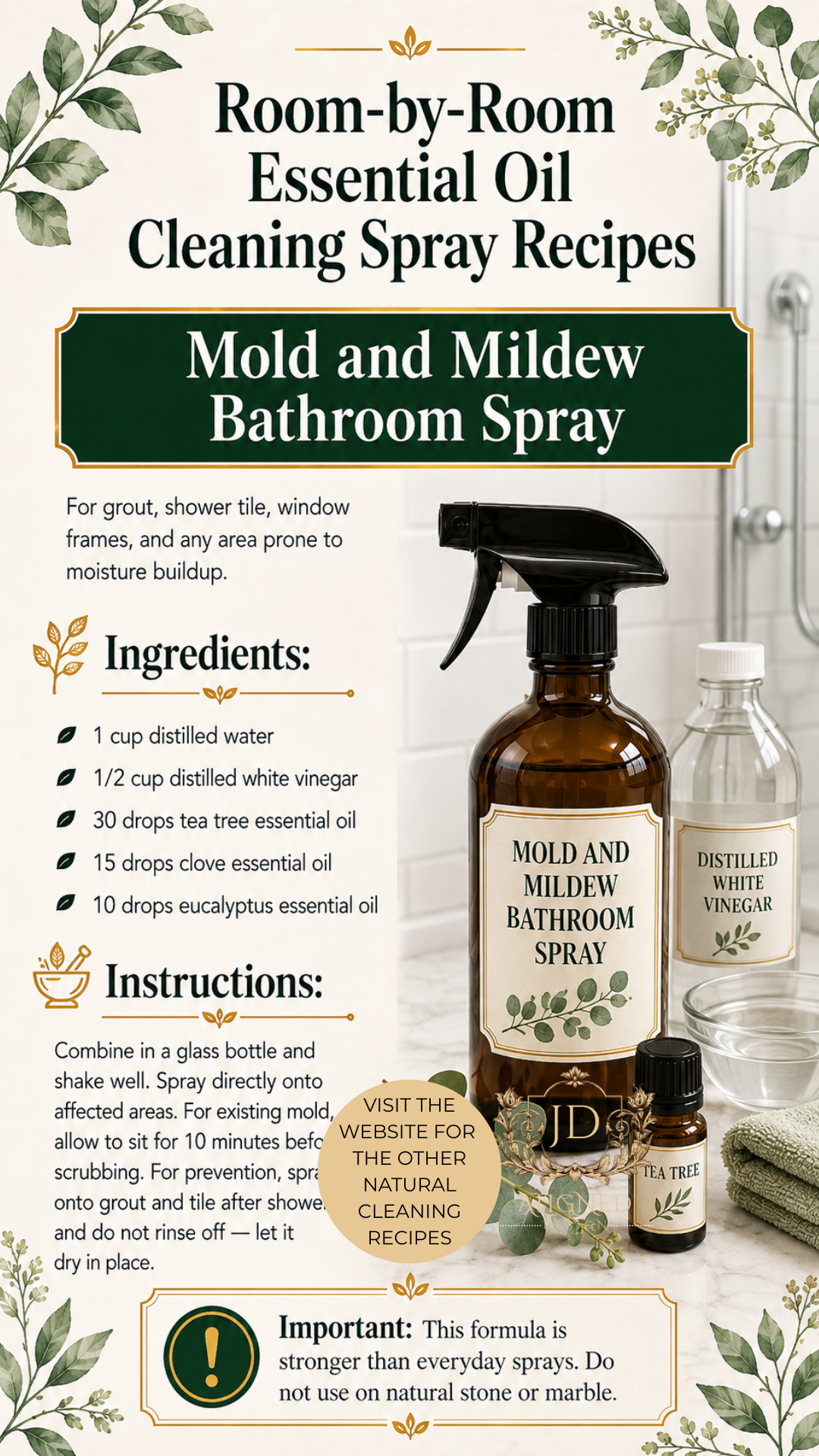 Amber glass spray bottle labeled Mold and Mildew Bathroom Spray beside a bottle of distilled white vinegar and a small tea tree essential oil bottle on a white tile bathroom surface. Room-by-room essential oil cleaning spray recipes by Aligned Design.