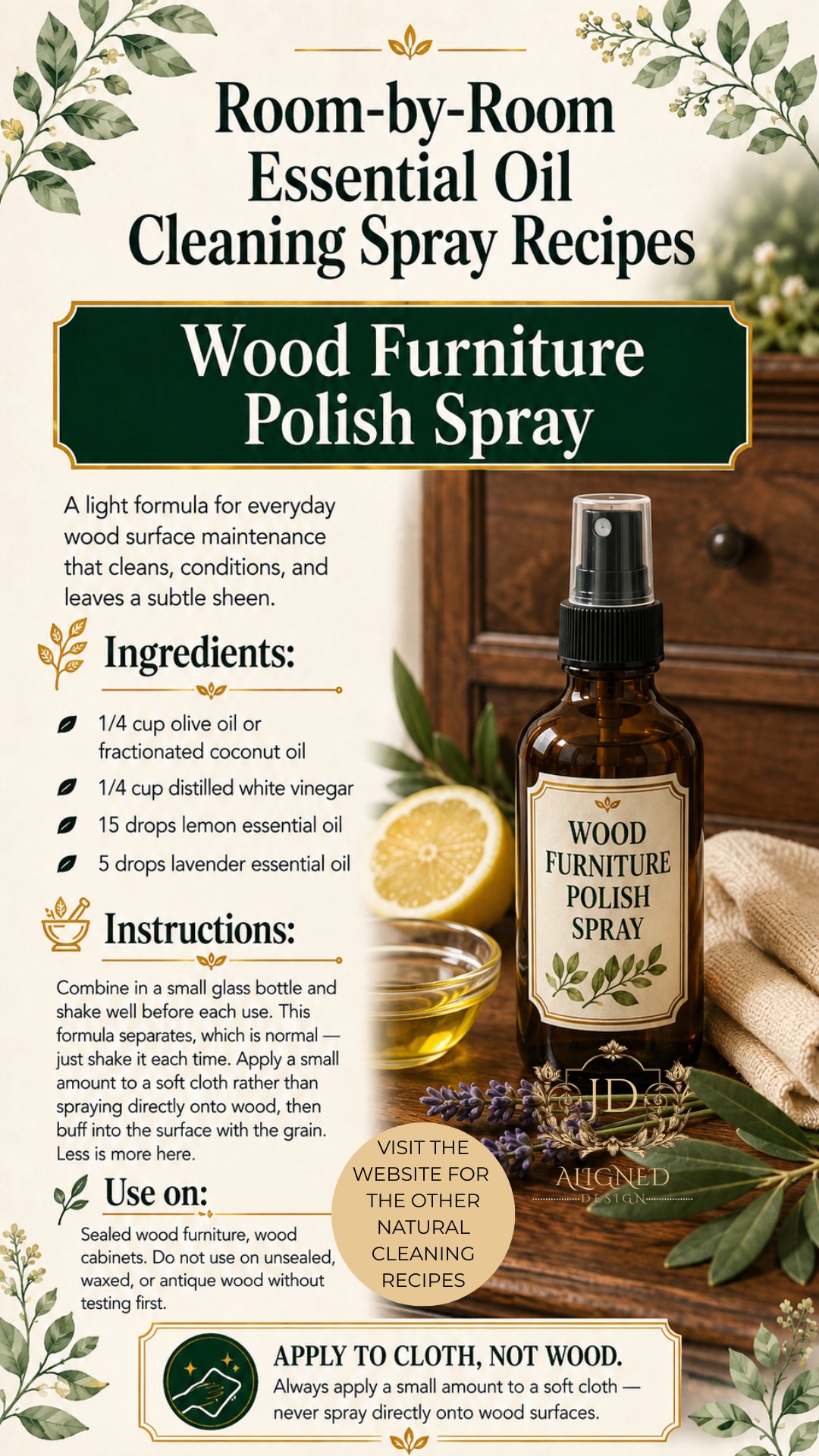 Amber glass spray bottle labeled Wood Furniture Polish Spray beside a bowl of olive oil, sliced lemon, and fresh lavender sprigs in front of a dark wood dresser. Room-by-room essential oil cleaning spray recipes by Aligned Design.
