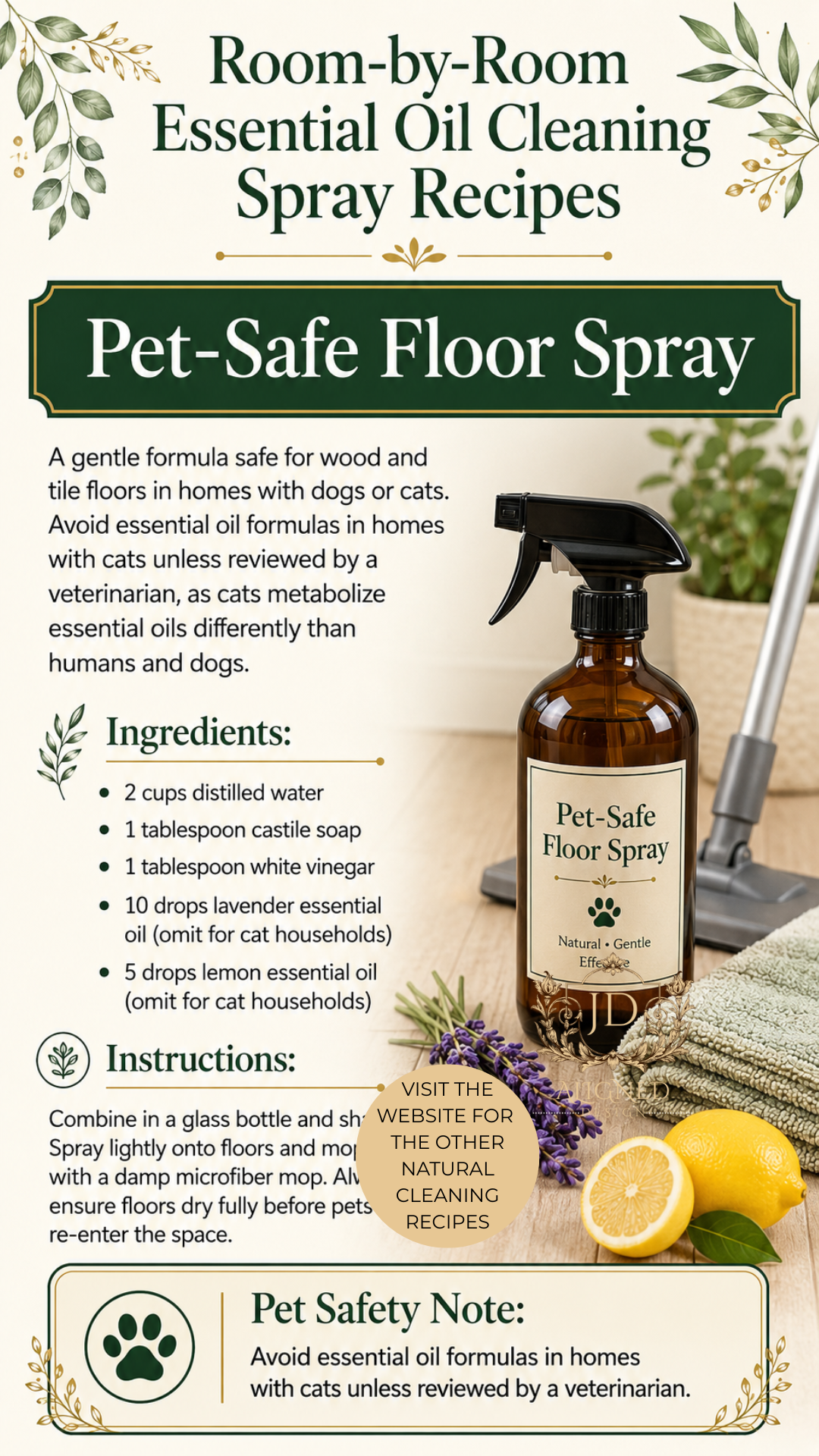 Amber glass trigger spray bottle labeled Pet-Safe Floor Spray with fresh lavender and sliced lemons on a light wood floor, with a vacuum cleaner and microfiber cloths in the background. Essential oil floor cleaning recipe by Aligned Design.