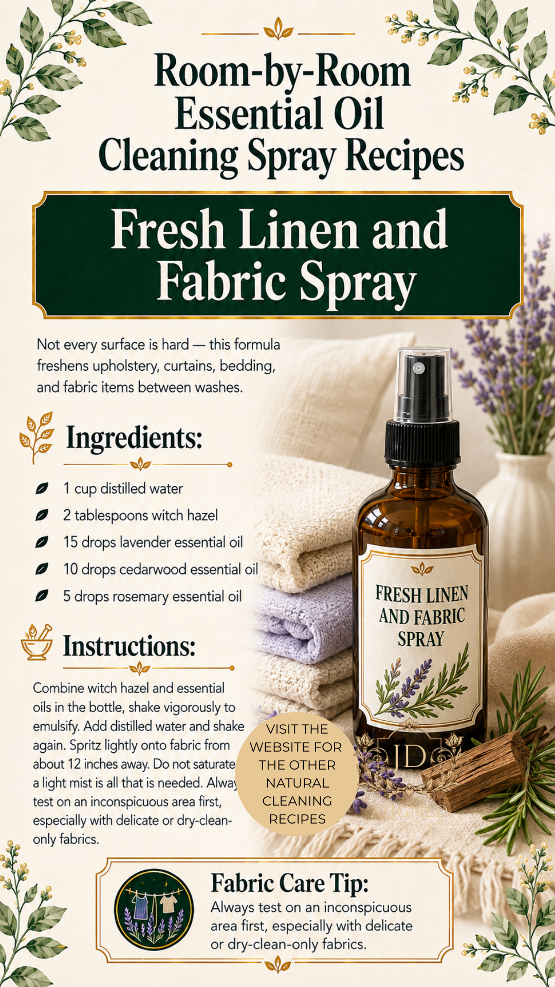 Amber glass spray bottle labeled Fresh Linen and Fabric Spray surrounded by stacked neutral linen towels, fresh rosemary, dried lavender, and cedarwood on a cream textile surface. Room-by-room essential oil cleaning spray recipes by Aligned Design.