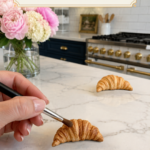 Hand holding a fine black-handled detail brush applying dark chocolate brown dry pastel powder into the layer crevices of a richly golden realistic air dry clay croissant on a white marble countertop, second more lightly colored clay croissant in background, four piles of dry pastel powder in pale cream golden tan rust brown and dark chocolate brown arranged in foreground, pink peonies and white hydrangeas in a glass vase to the left, navy blue kitchen cabinetry with brushed gold hardware and professional gold-knob range visible in background, step nine of air dry clay croissant magnets tutorial deepening creases for realism on jenniferdawn.ca