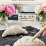 Close view of a hand using a pointed wooden dowel to press a circular indent into the flat back of a large raw white air dry clay croissant resting on a dark slate board, small round silver disc magnet resting on the slate beside the croissant, second unshaped raw clay croissant in background on white quartz countertop, pink peonies in glass vases flanking the scene, navy blue kitchen cabinetry with brushed gold hardware and white professional range with gold knobs and subway tile backsplash, step seven alternate view of air dry clay croissant magnets tutorial carving magnet cavity on jenniferdawn.ca