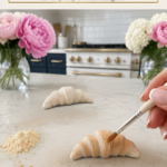 Hand using a flat paintbrush to apply warm golden tan dry pastel powder to a white air dry clay croissant on a white quartz countertop, second uncolored white clay croissant in background, four piles of dry pastel powder in cream golden tan medium brown and dark chocolate brown arranged in foreground, pink peonies and white hydrangeas in glass vases flanking the scene, navy blue kitchen cabinetry with brushed gold hardware and professional gold-knob range with white subway tile backsplash visible, step eight of air dry clay croissant magnets tutorial building up baked color with dry pastels on jenniferdawn.ca