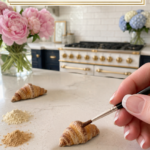 Step by step air dry clay croissant magnet coloring tutorial showing a hand brushing golden tan dry pastel powder onto a white clay croissant on a white quartz countertop, piles of cream tan brown and dark brown pastel powder in foreground, navy blue kitchen cabinetry with brushed gold hardware and professional range visible in background, pink peonies and hydrangeas in crystal vases, realistic clay croissant coloring method tutorial on jenniferdawn.ca