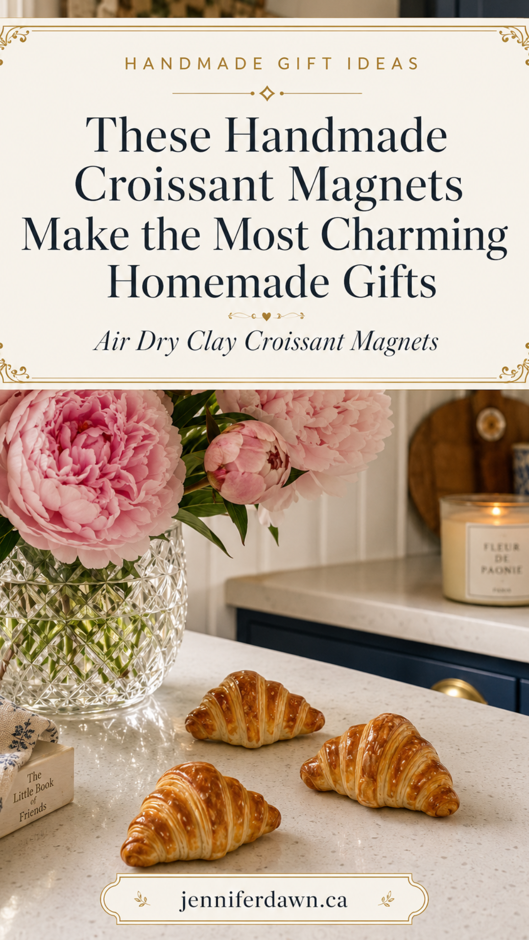 Three finished realistic air dry clay croissant magnets displayed on a white marble countertop beside a small white framed board with a handwritten market list, pink peonies and hydrangeas in a crystal vase, navy blue kitchen cabinetry with gold hardware in background, completed air dry clay croissant magnets project styled as a handmade gift, jenniferdawn.ca