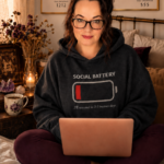 Woman working on laptop in a cozy moody home workspace surrounded by candles and books representing flexible online income for chronic illness