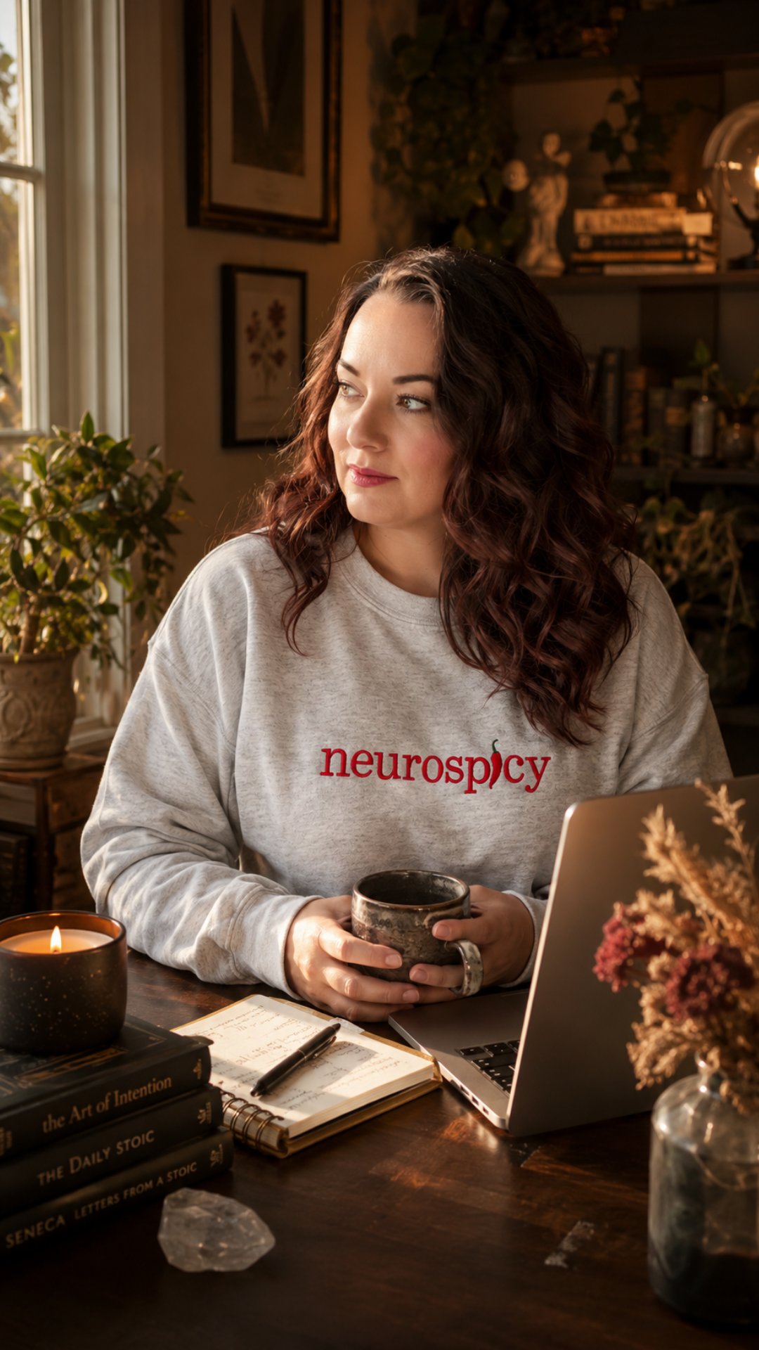 Portrait of a woman with dark witchy aesthetic representing neurodivergent and spoonie women building online income on their own terms