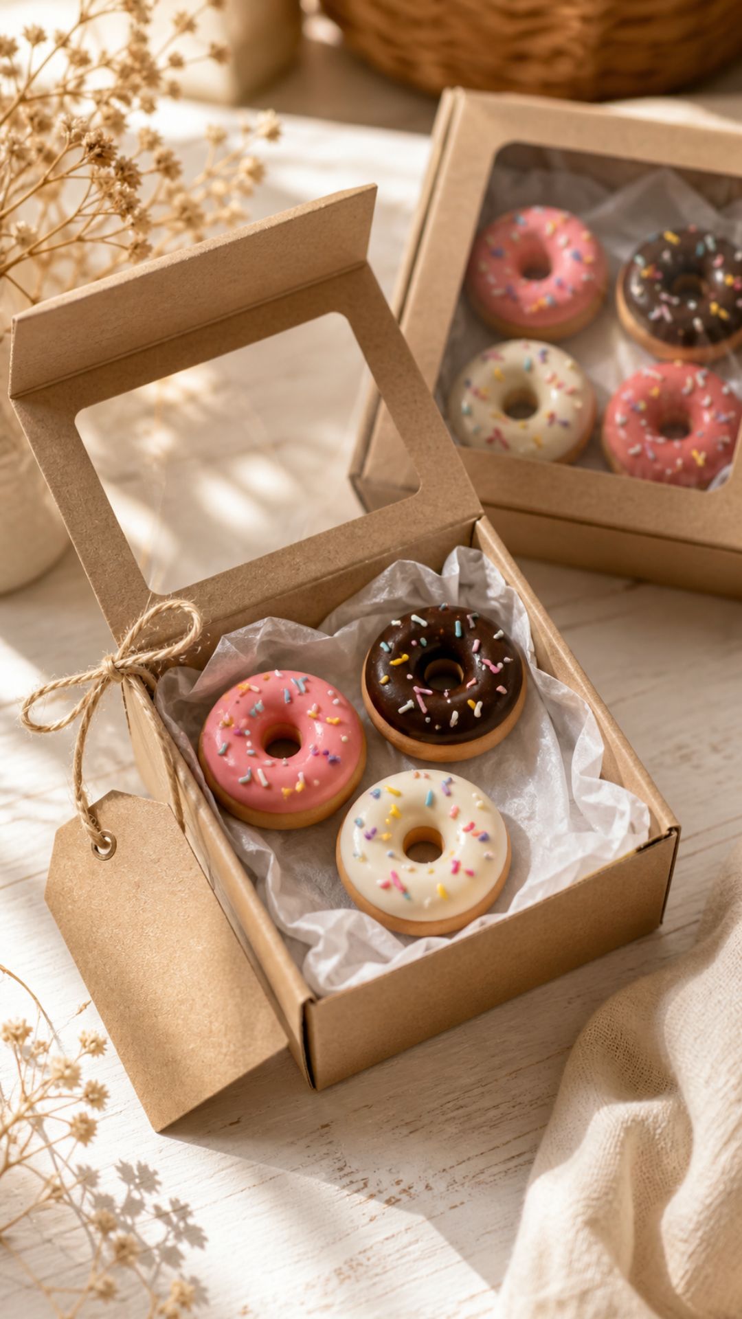 Handmade polymer clay donut magnets in pink, chocolate, and ivory glaze nestled in a kraft gift box with a clear window lid, tissue paper, and natural twine tag on a warm white surface