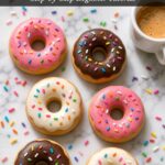 Pinterest pin image showing polymer clay donut fridge magnets in pink, chocolate, and ivory glaze on a white marble surface with text overlay reading How to Make Polymer Clay Donut Fridge Magnets Step-by-Step Beginner Tutorial