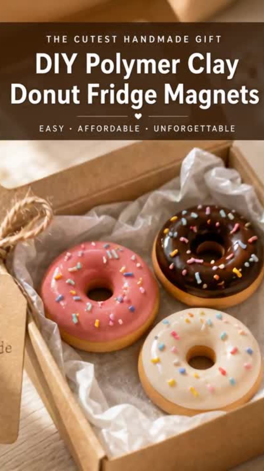 Pinterest pin image of polymer clay donut magnets styled as a handmade gift in a kraft box with text overlay reading The Cutest Handmade Gift DIY Polymer Clay Donut Fridge Magnets Easy Affordable Unforgettable