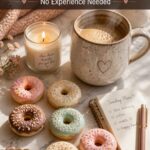 Pinterest pin image of polymer clay donut magnets in pastel glaze colors styled on a cozy surface with a candle and coffee mug with text overlay reading Perfect Self Care Sunday Make Polymer Clay Donut Magnets at Home No Experience Needed