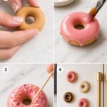 Pinterest pin with four panel step-by-step grid showing how to make polymer clay donut fridge magnets — shaping clay, applying pink glaze, adding sprinkles, and finished donuts on a fridge with text overlay reading Step by Step Polymer Clay Donut Fridge Magnets