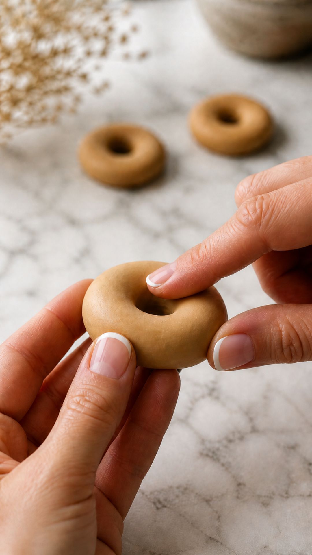 Close-up of a fingertip gently pressing down on the center top of a raw golden tan polymer clay donut ring to create a subtle dome shape on a white marble surface