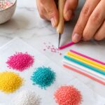 Hands using a craft knife to cut a thin bright pink polymer clay log into tiny sprinkle segments on white parchment paper, with colorful cut clay sprinkle piles and uncut clay logs in hot pink, yellow, turquoise and coral nearby