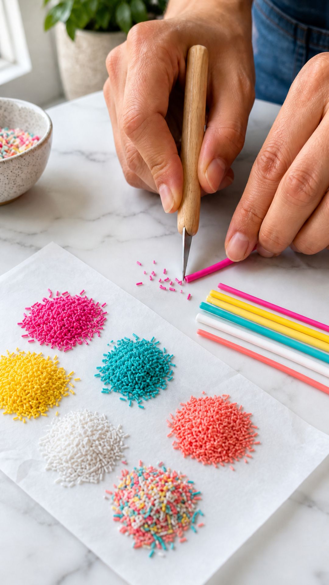 Hands using a craft knife to cut a thin bright pink polymer clay log into tiny sprinkle segments on white parchment paper, with colorful cut clay sprinkle piles and uncut clay logs in hot pink, yellow, turquoise and coral nearby