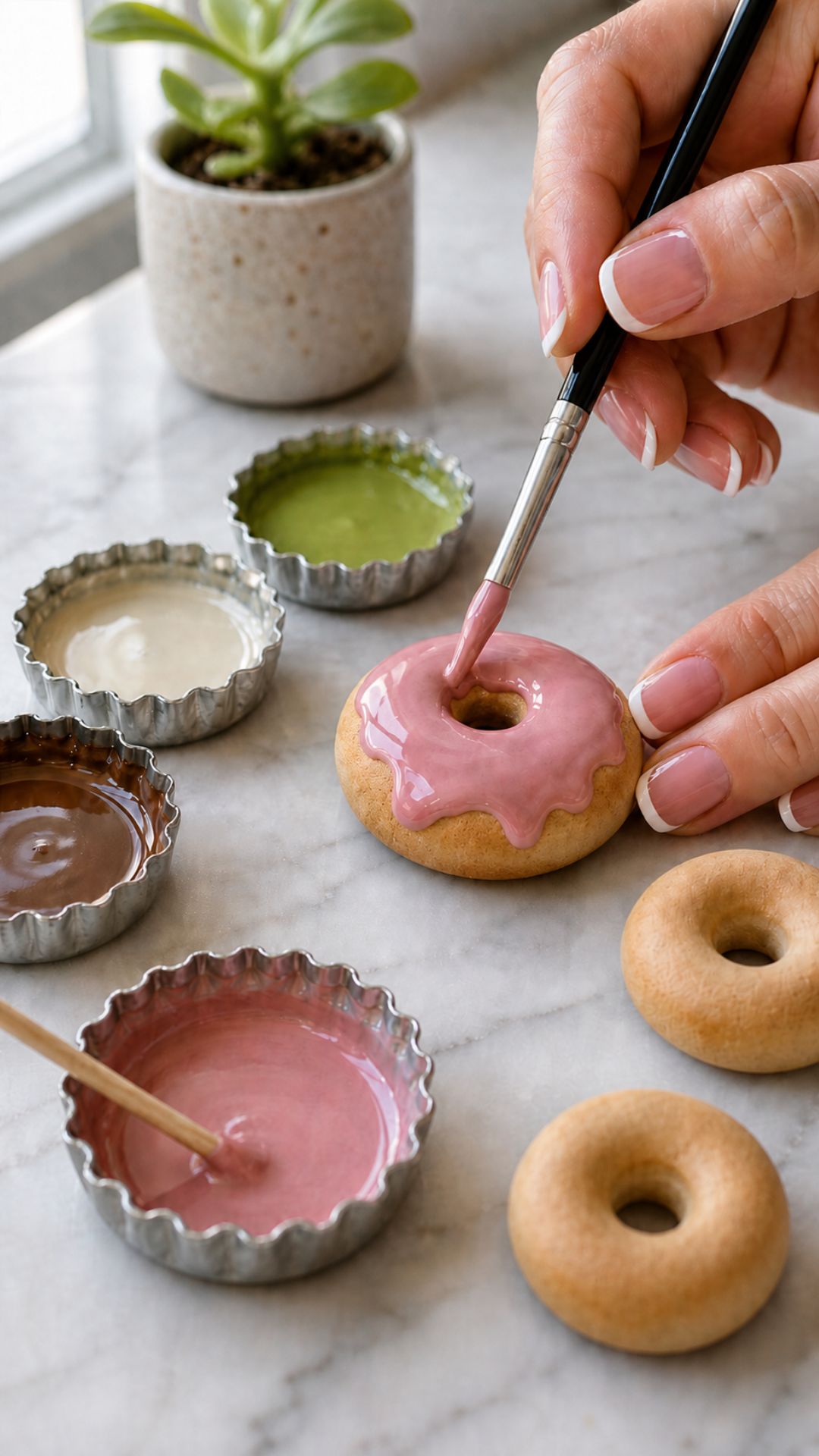Fine detail brush applying pink liquid polymer clay glaze to a raw donut magnet on white marble with small mixing containers holding chocolate, ivory, and matcha tinted glazes nearby and a small succulent plant in the background