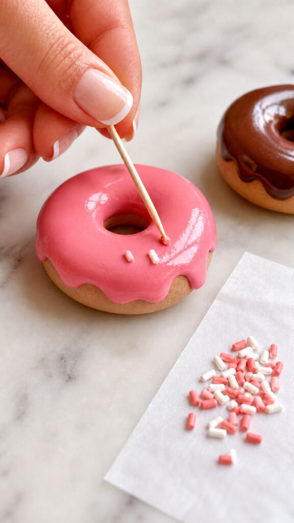 Close-up of a wooden toothpick carefully placing a single tiny coral polymer clay sprinkle onto the wet pink glazed surface of a polymer clay donut magnet on white marble with small piles of white and coral sprinkles on parchment nearby