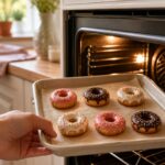 Hand sliding a parchment-lined baking tray holding six polymer clay donut magnets in pink and chocolate glaze into a clean white home oven with warm natural light coming through a nearby window
